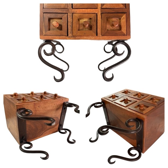 Balinese Wooden Jewelry Box Has 6 Distinct Pull Out Drawers on Wrought Iron Legs - Picture 16 of 16